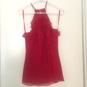 BCBG Max Azria red silk top beautiful rose detail